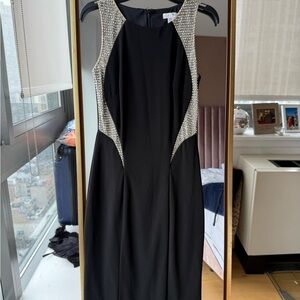 Cache Black and Cream Sheath Midi Dress Sleeveless Crew Neck